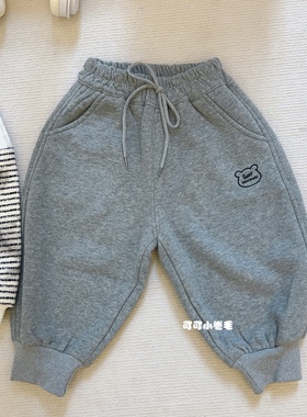 男童加绒加厚条纹扎染白色卫衣潮裤洋气百搭灰色小熊贴布卫裤收脚