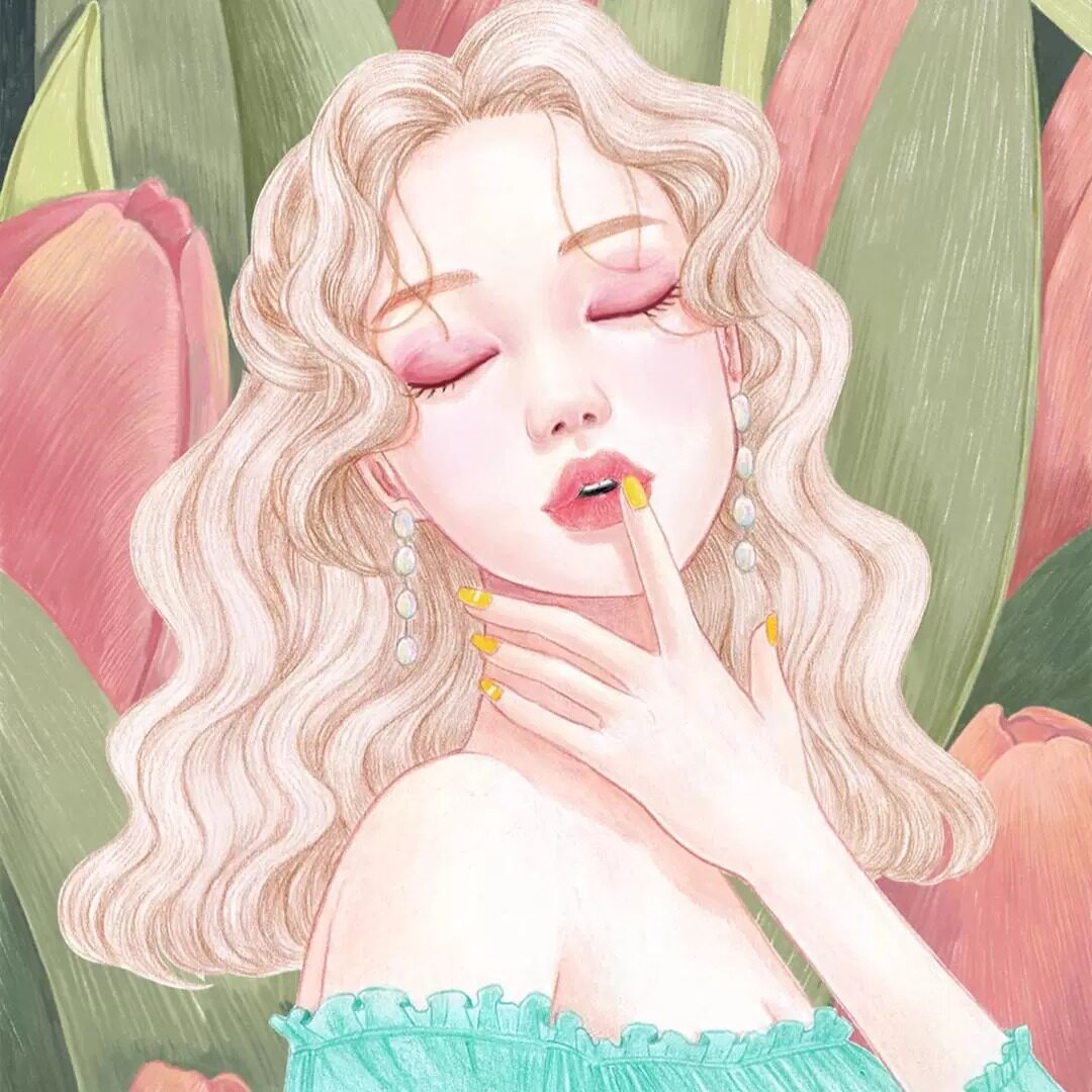 A653彩铅人像肖像长卷发时尚插画设计素材卷发女人物头像插画风格