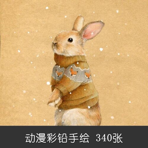 D586彩铅画手绘设计素材卡通插画萌宠彩色铅笔兔子340张