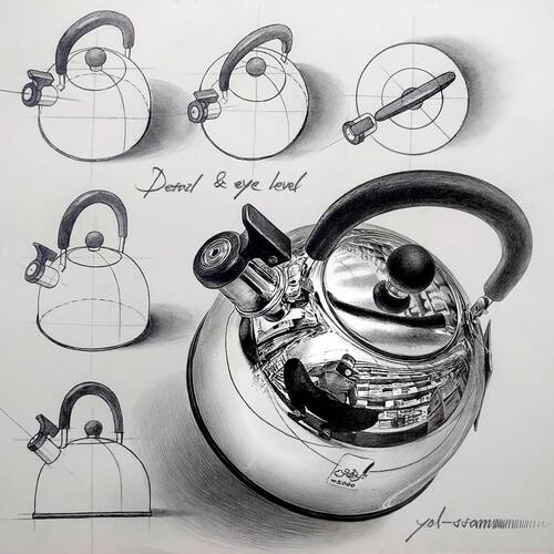 D396金属材质素描设计素材黑白小报茶壶艺术素材设计元素工业线稿