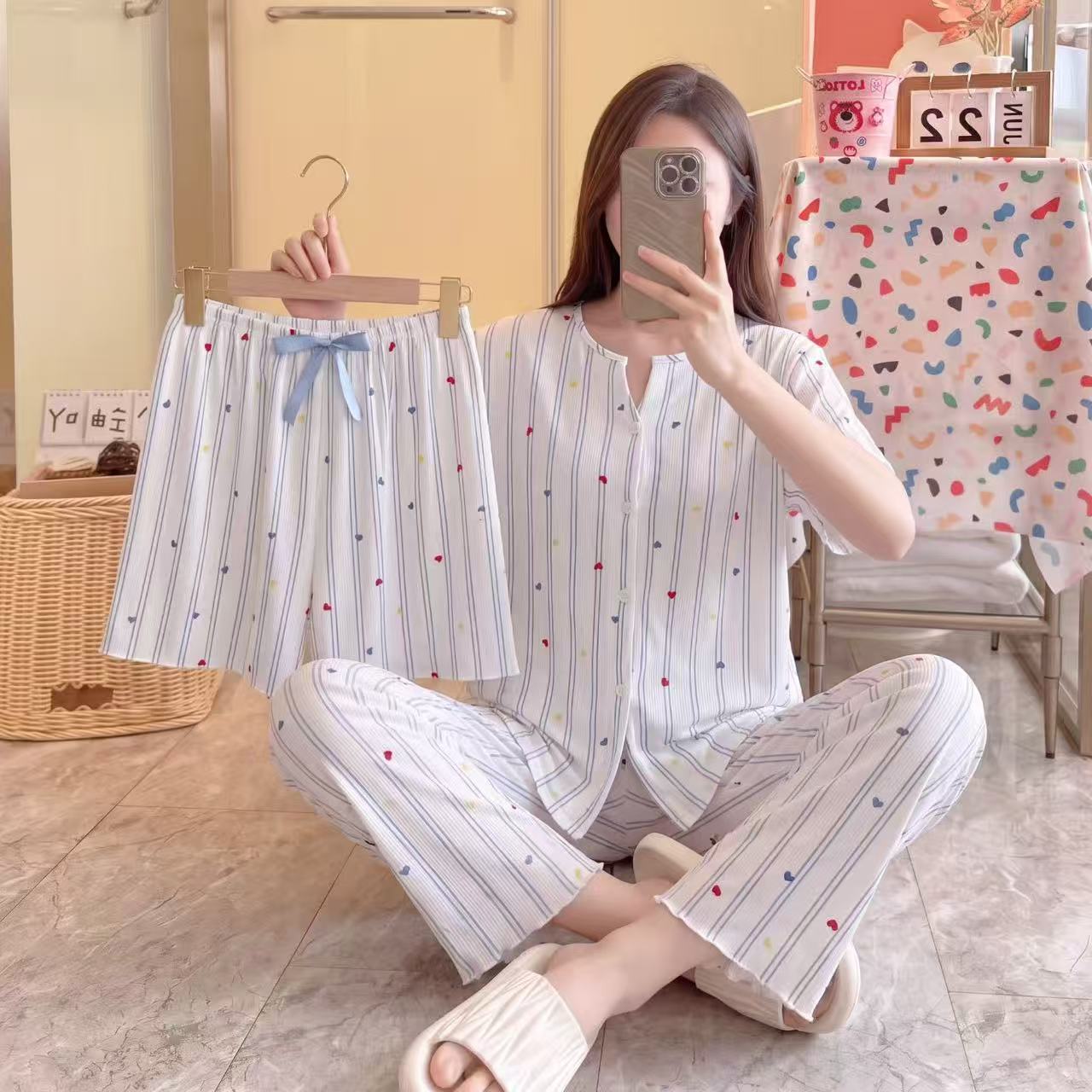 螺纹冰丝三件套睡衣女士夏