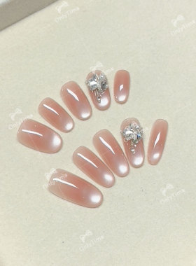 【晚萤】玻璃珠裸色日常中长款穿戴甲显白简约款美甲可重复使用