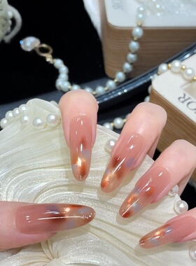 【焦糖湖泊】秋冬高级感晕染琥珀猫眼穿戴甲短款显白美甲