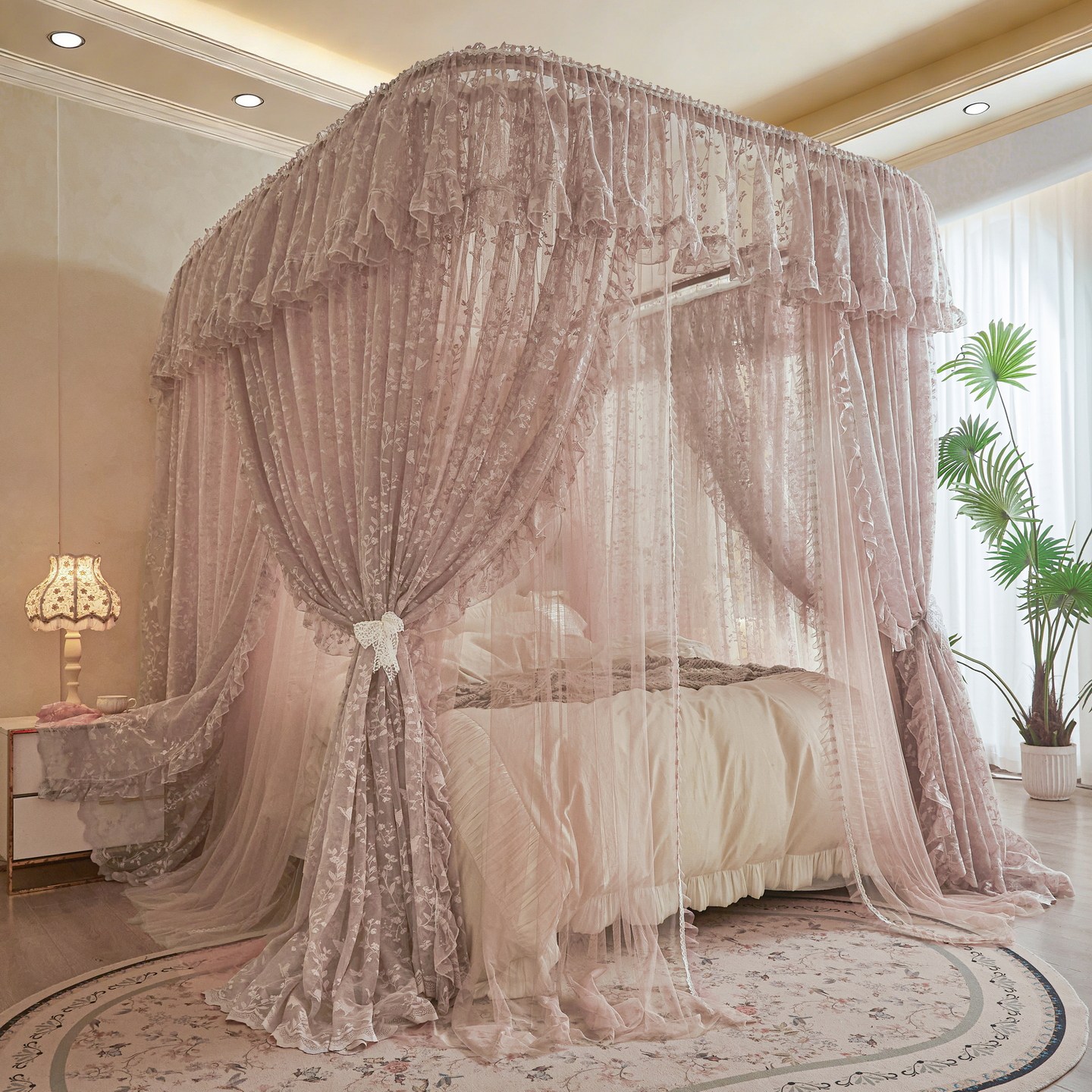 2026新款防尘顶U型导轨双层蚊帐家用卧室法式蕾丝公主床幔三开门