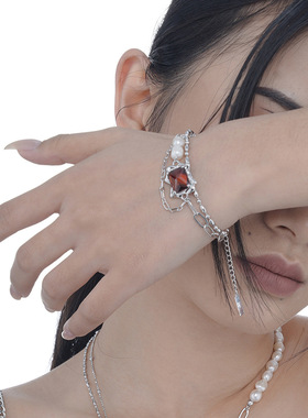 PREDAMS 创意小众设计师款S925纯银潮流时尚红宝石手链