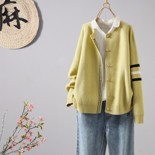 文艺范圆领条纹休闲宽松针织开衫女春秋新款单排扣显瘦百搭短外套