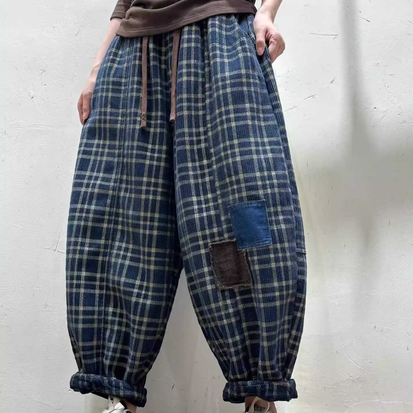 冬季新款复古彩色格子加厚哈伦裤女系绳时尚加绒萝卜裤宽松九分裤