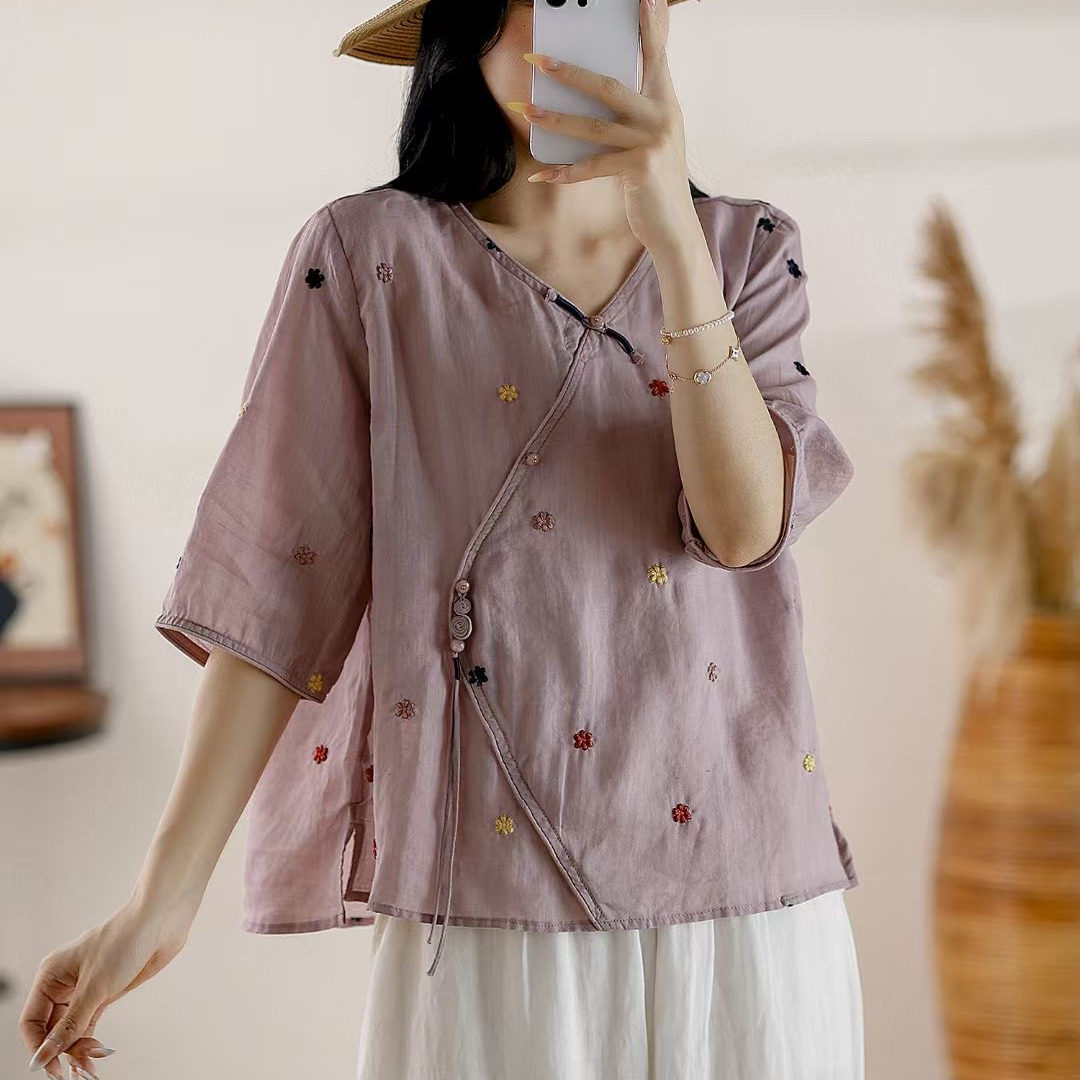 苎麻五分袖衬衫轻奢高级感上衣女