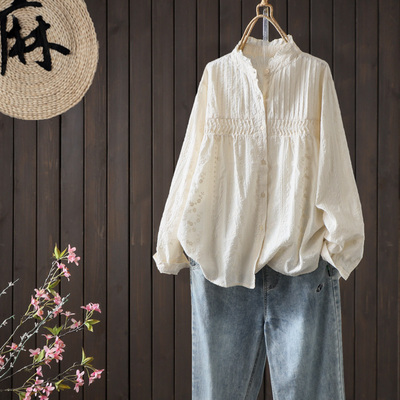 复古花边领绣花棉质衬衫显瘦上衣