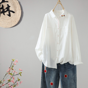 文艺范翻领绣花休闲宽松双层棉纱衬衫女装单排扣百搭衬衣显瘦上衣
