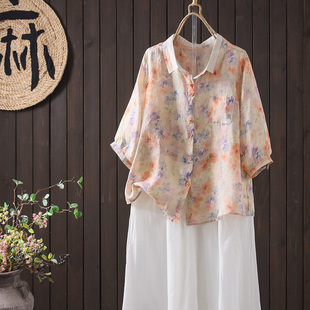 夏季新款复古翻领印花苎麻五分袖衬衫女装单排扣休闲小衫显瘦上衣