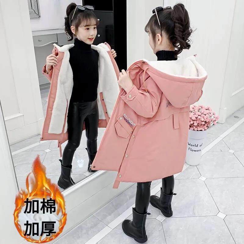 女童加厚羽绒棉服加绒外套2025秋冬新款中大童夹棉衣中长款派克服