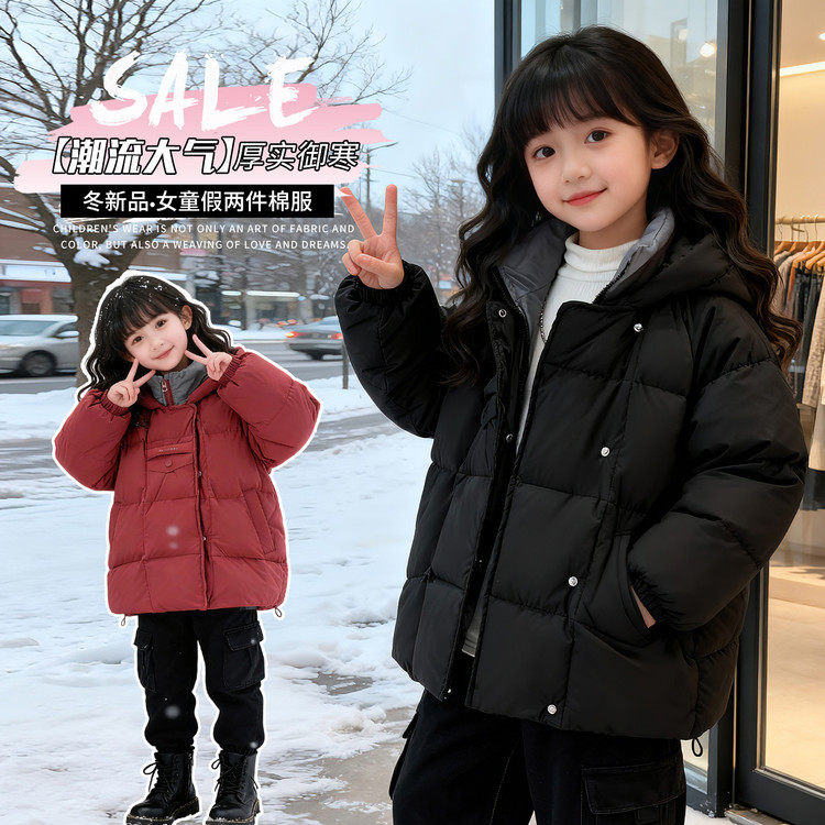 女童羽绒棉服外套2026新款冬季加厚保暖中大童棉袄红色女孩过年服