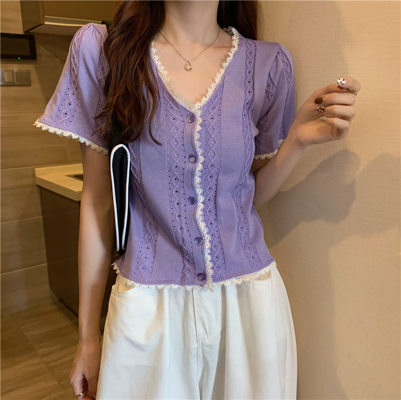 Real shooting lace edge blouse Knitted Top short sleeve thin style