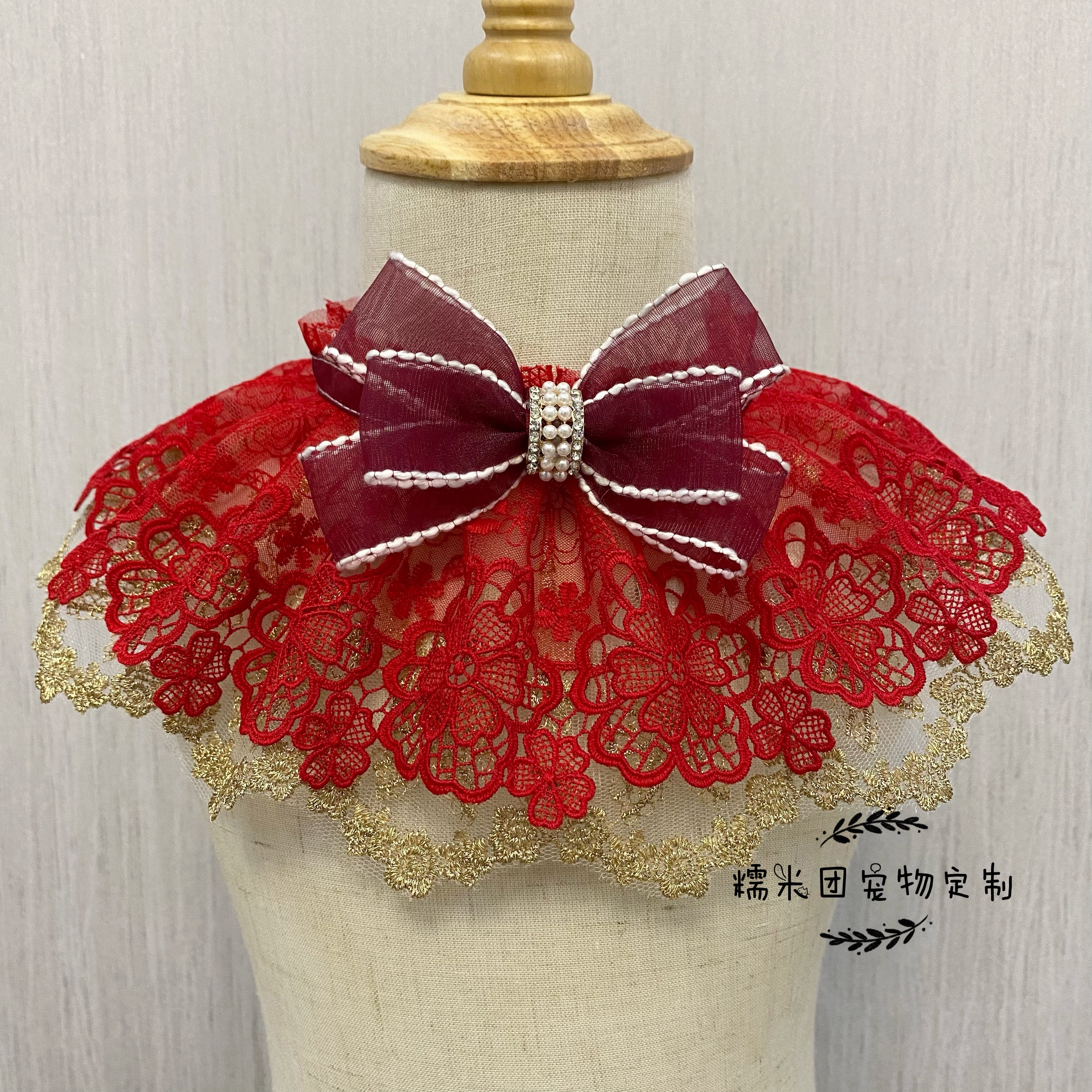 新品包邮正红色蕾丝宠物围脖猫咪狗狗婚礼派对领结饰品生日蝴蝶结