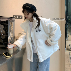 两面穿羊羔绒外套女秋冬加厚甜酷风小个子日系立领工装棉衣棉服潮