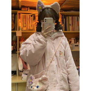雪人刺绣熊耳灯芯绒棉服外套女秋冬2024新款初中高中学生可爱棉衣