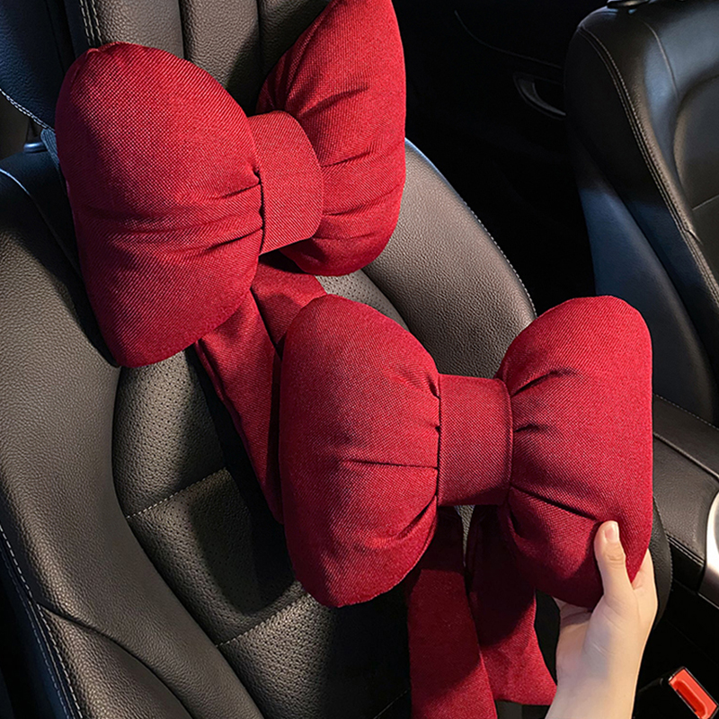 汽车头枕护颈枕一对棉麻飘带车内靠枕腰靠套装蝴蝶结女生座椅颈枕