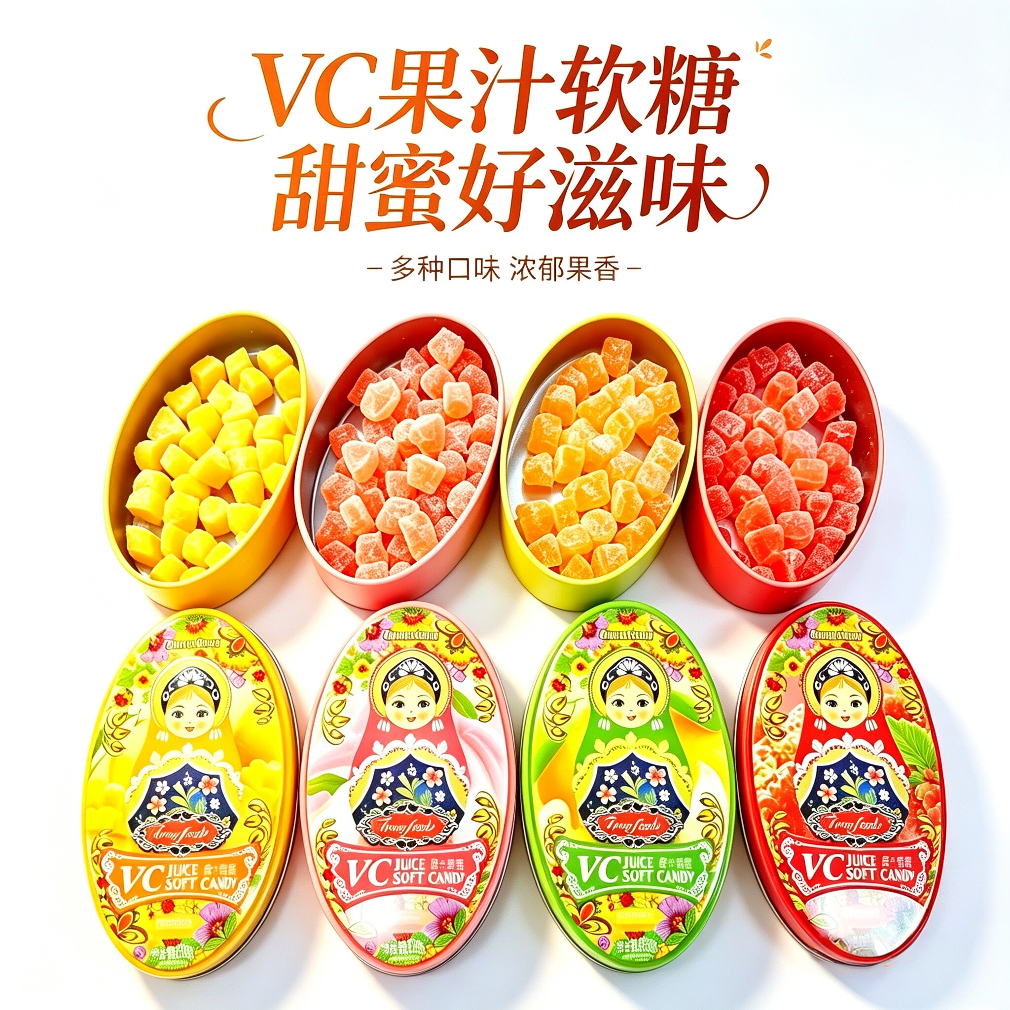 VC益生菌果汁软糖草莓味桔子味芒果味白桃味伴手礼品铁盒装礼物