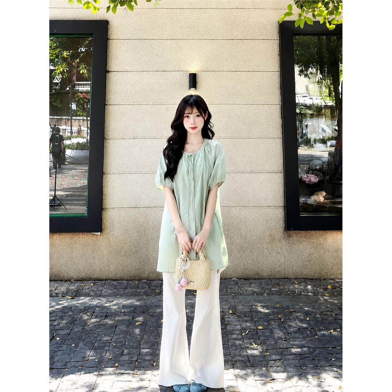 2026小清新宽松衬衫女夏季短袖圆领上衣舒适休闲显瘦韩版百搭