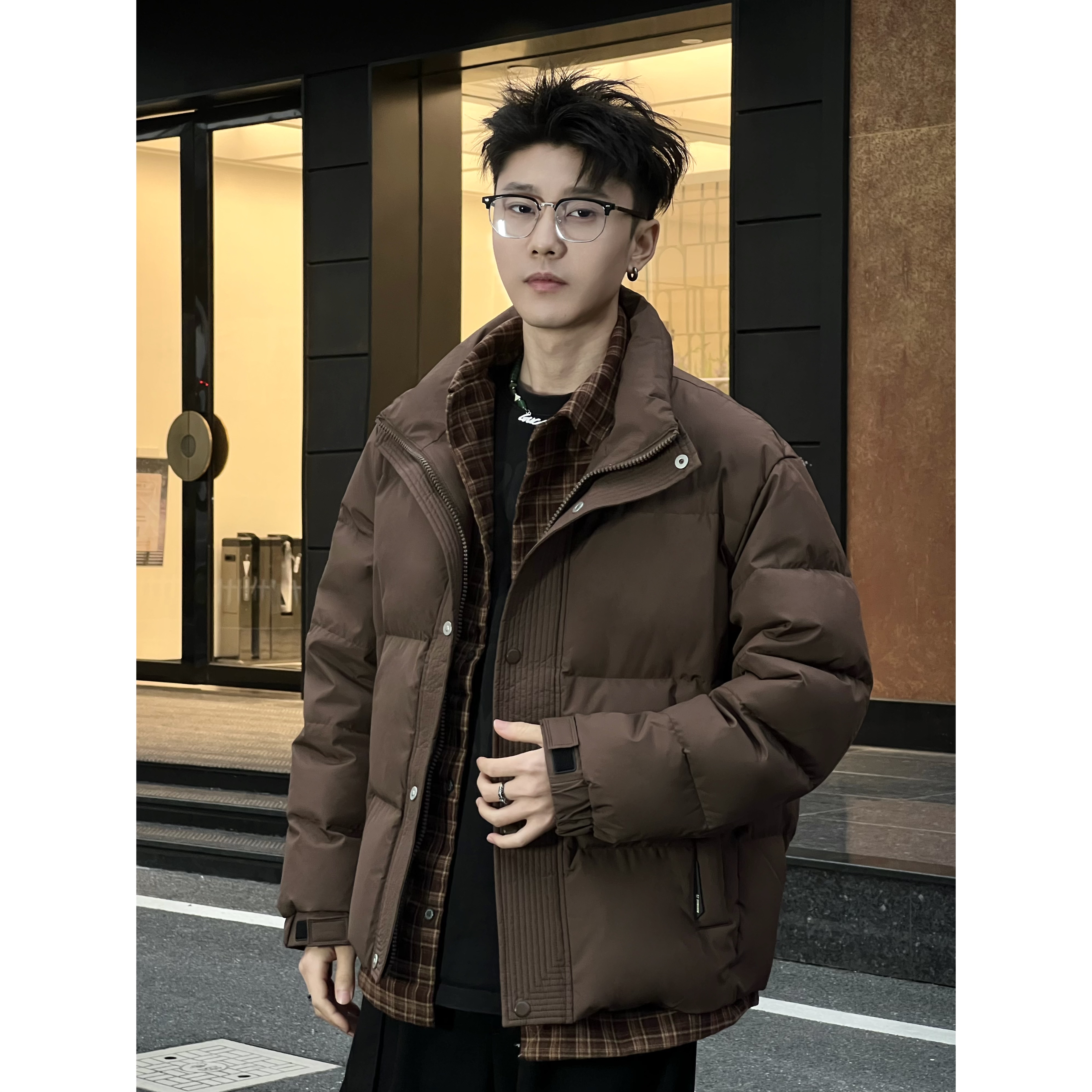 90白鸭绒衬衫格子假两件男士短款百搭潮流冬季羽绒服Y287