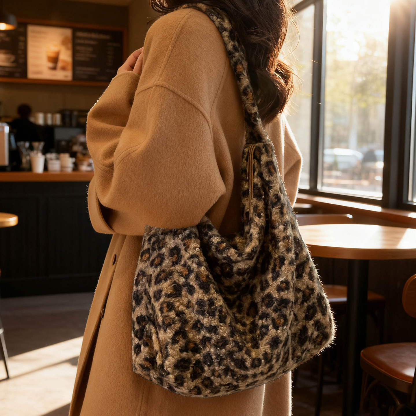 毛绒豹纹托特包女2025冬季大容量单肩包上班通勤高级感斜挎毛毛包