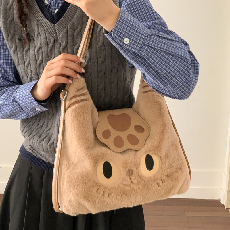高颜值可爱猫咪毛绒包包女大容量托特包单肩斜挎三用毛毛包送女友