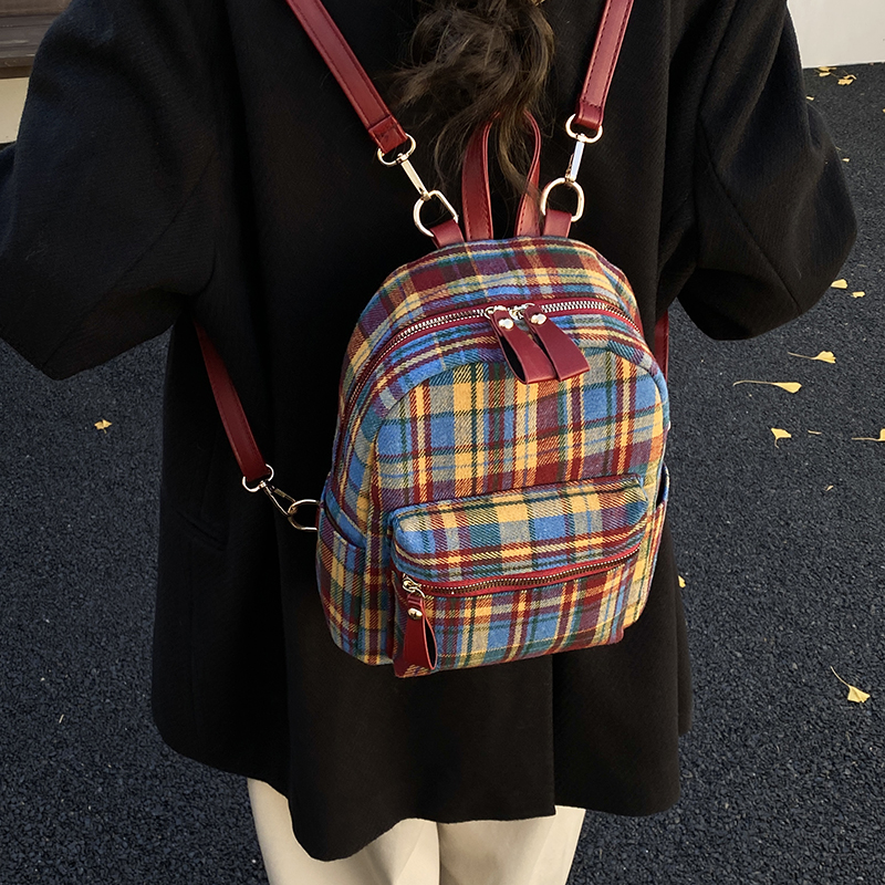 高颜值小背包女2025新款格纹毛呢条纹双肩包小众百搭洋气迷你书包