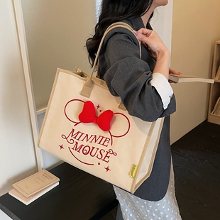 卡通米妮红色蝴蝶结帆布托特包女大容量手提通勤包韩版单肩妈咪包