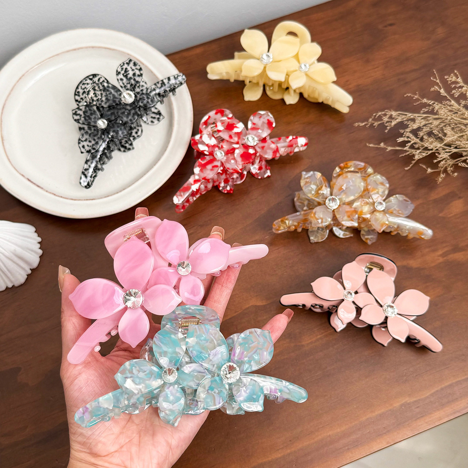 朵薇饰品韩版醋酸花朵镶钻发夹超大号盘发鲨鱼夹后脑勺感抓夹