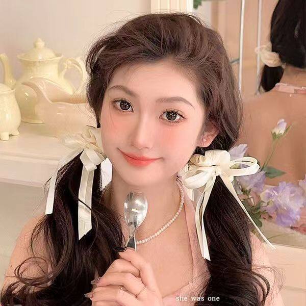 韩式蝴蝶结大肠发圈心手腕丝带皮筋黑白缎面打结头绳发饰