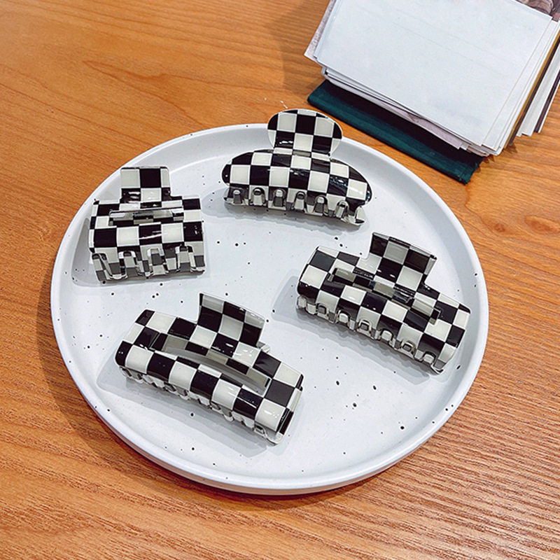 时尚通勤风ins黑白棋盘格抓夹发夹气质简约日系醋酸盘发发饰