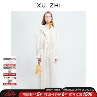 连衣裙 XUZHI设计师品牌白色甜美淑女长袖 抽褶雪纺丝带衬衫