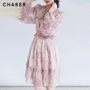 chaber巧帛夏季新品甜美时尚印花雪纺裙高腰显瘦圆领长袖连衣裙