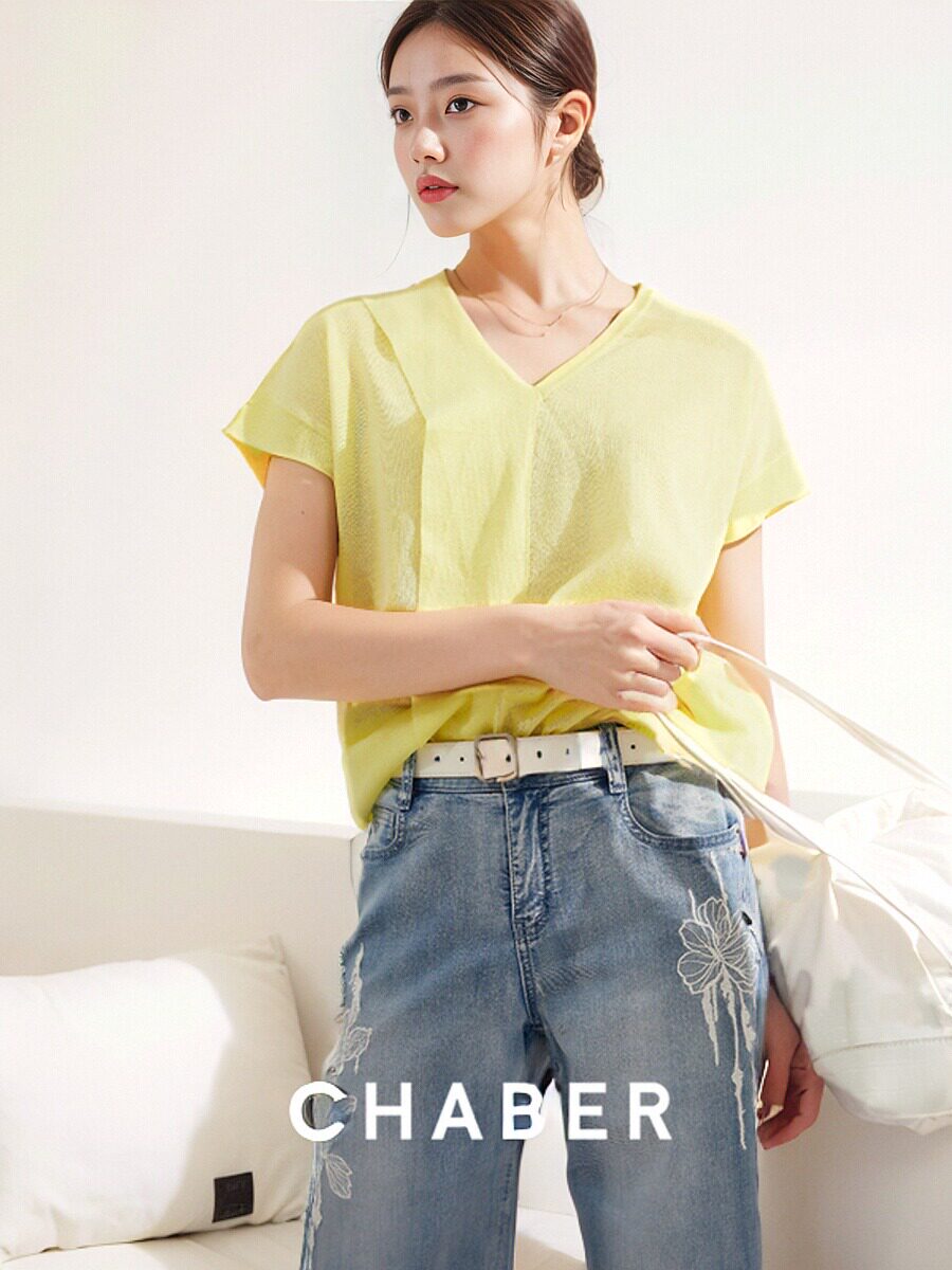 chaber/巧帛夏季薄款优雅V领设计款针织短袖t恤女102315