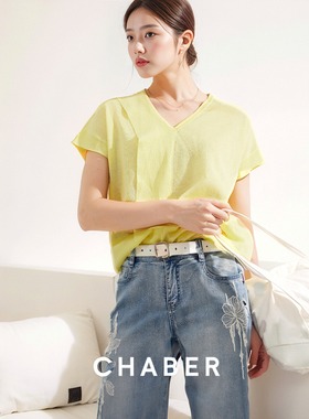 chaber/巧帛夏季薄款优雅V领设计款针织短袖t恤女102315