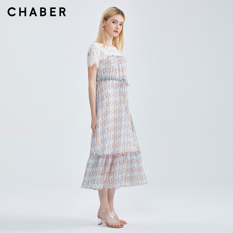 chaber巧帛夏季新品蕾丝领优雅