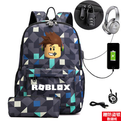 跨境roblox游戏周边酷炫男女百搭学生USB充电大容量背包笔袋套装
