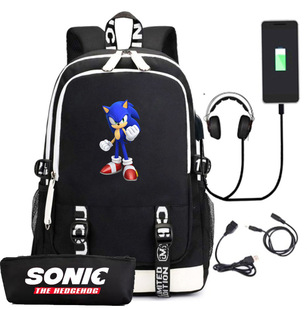 卡通sonic刺猬索尼克书包中小学生双肩背包笔袋usb充电双肩背包