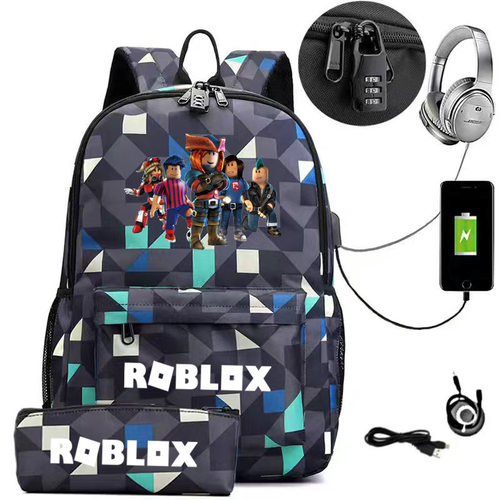 roblox游戏周边2件套书包双肩包USB充电电脑包大容量一件代发批发