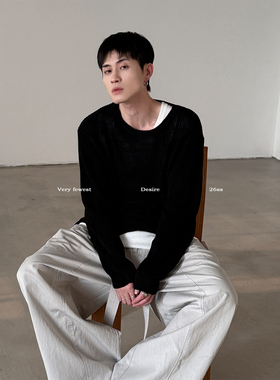 VERY FEWEST 时髦慵懒卷边宽领长袖针织衫老钱简约宽松垂感毛线衫