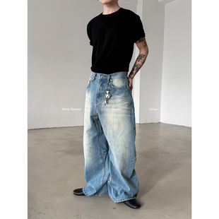 男女猫须水洗做旧阔腿裤 VERY 解构打褶蓝色牛仔裤 设计师款 FEWEST