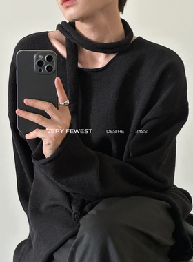 VERY FEWEST 纯欲宽领卷边慵懒针织衫秋季飘带设计宽松套头毛衣