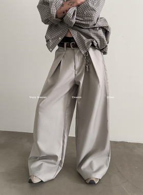 VERY FEWEST 高级感浅灰对褶A字阔腿西裤男女款慵懒拖地休闲长裤