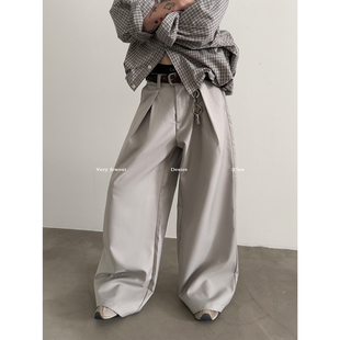 慵懒拖地休闲长裤 VERY 男女款 高级感浅灰对褶A字阔腿西裤 FEWEST