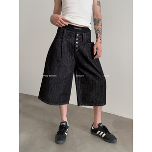 男女A字打褶阔腿七分裤 小众多纽扣门禁水洗牛仔短裤 FEWEST VERY