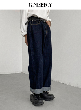 GENESISBOY美式咔叽复古洗水原色丹宁牛仔裤男夏季宽松直筒老爹裤