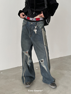 PM20 上新9折 小众糜烂泥染水洗破洞牛仔裤 子 拼接毛边裤