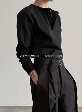 VERY FEWEST 美式老钱纯棉亨利领长袖T恤中性基础正肩打底衫上衣