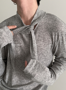 VERY FEWEST 小众系带立领长袖T恤男女款设计感纯色轻薄慵懒上衣